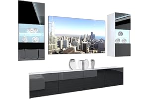 ‎B BELINI GROUP BELINI Wohnwand Vollausstattung Wohnzimmer-Set Moderne Schrankwand mit LED-Beleuchtung Anbauwand TV-Schrank Schwarz
