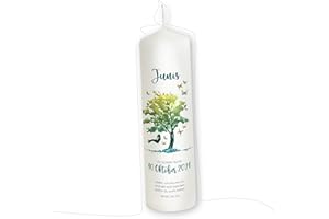Liamoria® Cierge de baptême arbre de vie pour garçon personnalisable avec bougies parrain – 25 x 8 cm – Modèle Junis (bougie de baptême solo)