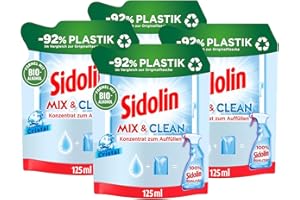 ‎SIDOLIN SIDOLIN Mix & Clean Konzentrat zum Auffüllen Cristal (4x 125 ml), All in 1 Glasreiniger für Sauberkeit, Glanz & Schutz, Fensterreiniger mit Bio-Alkohol, -92% Plastik im Vergleich zur Originalflasche