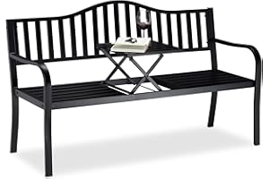 Relaxdays, Negro, Banco Jardín y Terraza de 3 Plazas con Mesa Plegable, Acero, 90 x 150 x 57,5 cm