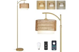 Rayofly Boho Floor Lamp with Remote Control, Gold Floor Lamp with Dimmable LED Bulb & Foot Switch, Rattan Standing Lamp with Double Shades, Modern Floor Lamp for Living Room, Tall Lamp for Bedroom