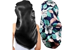 OUOOBEA 2Pcs Long Satin Bonnet Sleep Cap,Extra Large Braids Bonnets for Sleeping,Long Hair,Soft&Comfortable Elastic Band Bonnets for Women Night Sleep,Hair Bonnets for Women Satin (Black+Green Pattern)