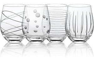 Joeyan 520ml Verres à Vin sans Pied avec Gravure - Lot de 4 Verres à Vin avec des Motif Ligne, Pois - Verres à Rouge et Blanc pour la Maison, Les Restaurants, Les Fêtes - Idée Cadeau pour Homme, Femme