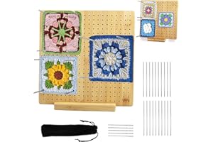 HISDRICUS Planche de Blocage du Crochet - Planche de Blocage pour Granny Square 28x28 cm - Bambou Granny Square avec 20 Tiges, 5 Aiguilles en Inox et 1 Support - Accessoires pour Projets de Tricot et de Crochet