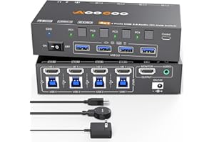 AOOCOO Conmutador KVM HDMI 8K@60Hz/4K@144Hz, conmutador KVM HDMI para 4 ordenadores que comparten 1 monitor y 4 dispositivos USB3.0, mando a distancia con cable y cable USB incluido