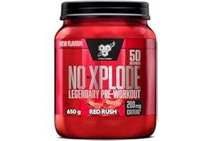 BSN Nutrition N.O.-Xplode Complément alimentaire Pre Workout en poudre, maintient l'énergie et la concentration avec caféine, acides aminés, vitamine C et zinc, goût Red Rush, 50 portions, 650 g