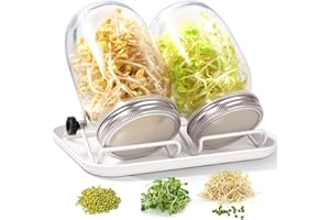 FoiiLiio Kit de Germinador de Semillas, 2 x 1000ml Frascos de Germinación, Incluye 2 Tapas de Colador de Acero Inoxidable, 2 Soportes, 1 Blanco Bandeja, Conjunto de Germinador