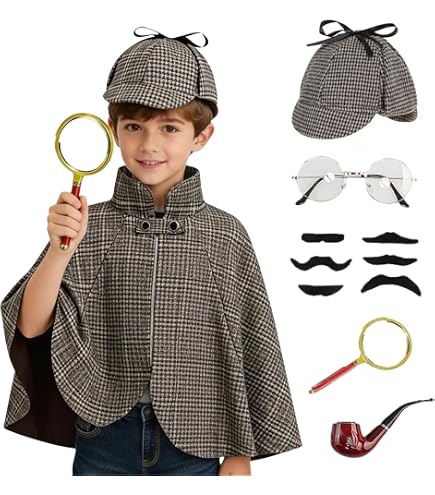 Set Déguisement Détective 3 Pièces – Casquette Deerstalker, Lunettes Dorées, Loupe 3x – Enfants Et Adultes – Costume Sherlock Holmes
