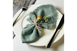 Dololoo Handmade Cloth Napkins, Cotton Linen Cloth Napkins with Fringe, Versatile Handmade Square Rustic Fringe Napkins for Dinner, Wedding and Parties, 45 x 45 CM Set of 6, Sage Green