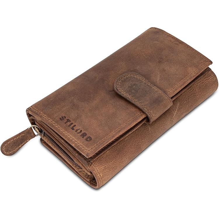 STILORD 'Marquesa' Lederen Portemonnee Dames RFID Bescherming Vintage Portemonnaie in Geschenkdoos Echt Leder, Kleur:sepia - bruine plain