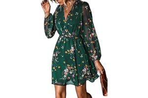 CUPSHE Damen Kleid V Ausschnitt Wickeloptik Transparente Lange Ärmel Blumenmuster Freizeitkleider Wrap Mini Dress