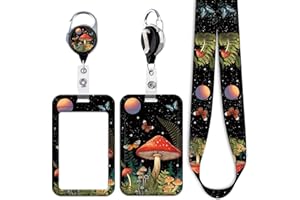Juanooo Cute Mushroom ID Lanyard Card Holder & Retractable Badge Reel Clip Cool Key Keychain for Women Girls Teachers Moon Key Card Lanyard ID Holder
