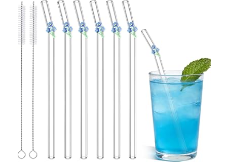 Glassugrör med berlocker glöm 'My Now' blommor, 6 stycken sugrör glas med 2 rengöringsborstar, färgg - Amazon Deal & Rabatt