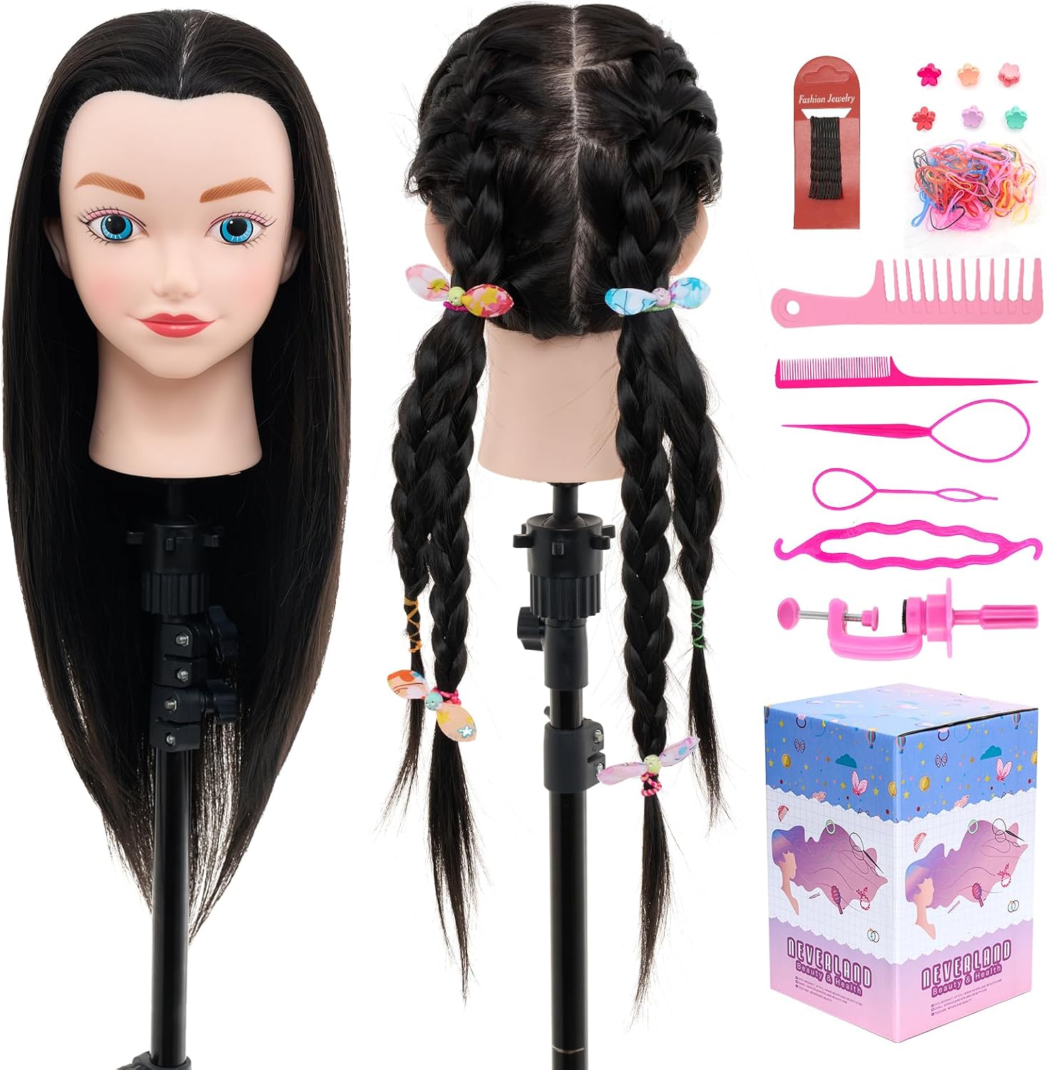 Neverland de 20 pulgadas Cabeza de peluquería 100% de fibra sintética Muñeca peluqueria Cabeza de entrenamiento Cabeza de Muñeca Cabeza peluqueria Cabeza de Maniqui con Soporte& DIY Hair Styling Tools