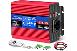 ETREPOW 500w Wechselrichter 12v auf 230v Reiner Sinus Spannungswandler mit 2 USB,Drahtlose Fernsteuerung,LCD Bildschirm -Spitzenleistung 1000w Kfz Inverter