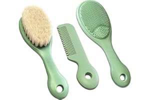 Mocarheri 3 Piece Baby Hair Brush and Comb Set for Newborns & Toddlers- Soft Goat Bristle Hair Brush, Silicone Bath Brush and Baby Comb for Infant, Kids - Perfect Baby Registry Gift（Green）