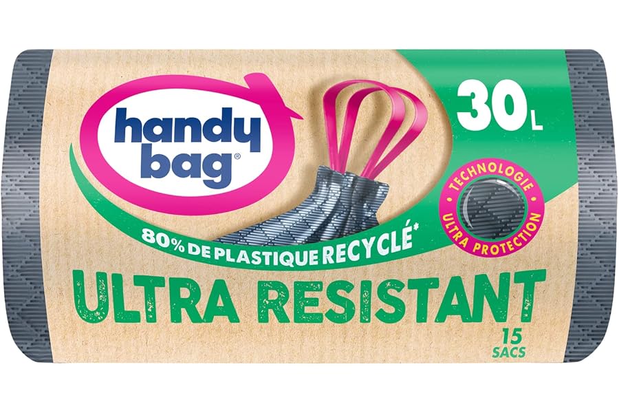 Handy Bag - Sacs poubelle à poignées coulissantes Ultra Résistant 30L x 15 sacs - Ultra Protection : trame et film triple épa