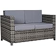 Outsunny 2 Seater Rattan Sofa with Soft Padded Cushion, All-Weather PE Wicker Weave Garden Loveseat with Armrests, Mixed Grey