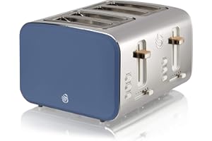 Swan ST14620BLUN Nordic 4-Slice Toaster with Defost/Reheat/Cancle Functions, Cord Storage, 1500W, Blue