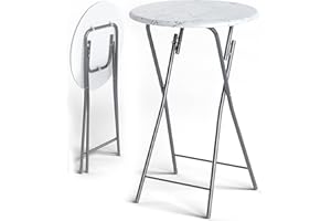 CASARIA® Marble Effect Folding 60cm Bar Table | Height 110cm | Foldable Easy Care | Side Table Cocktail Round Dining High Garden Patio Balcony Terrace | White