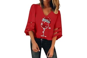 HAQUOS Weihnachts Tshirt Damen - Leinen Oberteile Lustiges Frauen Langarmshirt Lose Bluse Tops Mode Damenbluse Langarmshirt Streetwear Weihnachtsmotiv Oberteile Weihnachtspullover mit Komisch gedruckt