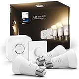 Philips Hue White Starter Kit 3 Lampadine Smart, Luce Bianca Calda, Bluetooh, Dimmerabili, Attacco E27, 9.5W, Hue Bridge e Hu
