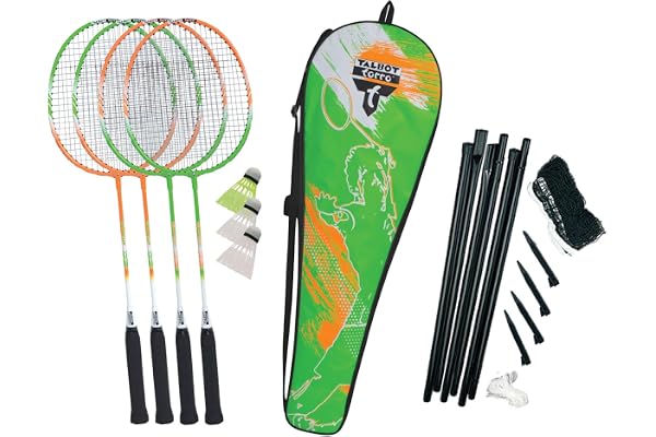 Talbot-Torro Set de Badminton 4-Attacker Plus, Kolmplettset mit 4 Schläger, 3 Federbälle, komplette Netzgarnitur, in wertiger Tasche