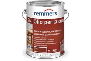 Remmers Olio curativo teak, 2,5 litri, olio a decorativo base di solvente legno all'interno e all'esterno, idrorepellente, tonalità di colore brillanti, adatto per mobili da giardino e terrazze in legno