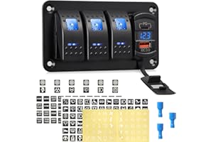RUPSE 3 Gang Rocker Switch Panel 5 Pin ON/Off Toggle Switch Aluminum Panel with Blue Backlit 12V-24V LED Digital Voltmeter 4.8A Dual USB Charger for Car Truck Boat Trailer RV UTV ATV