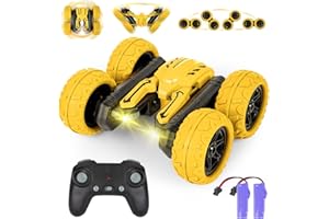 Highttoy Macchina Telecomandata per Bambini, 4WD Auto Telecomandata con 2 Batterie Ricaricabili 2.4GHz RC Macchina Acrobatica Rotazione a 360° Giocattoli per Bambini 5 6 7 8 9 10 Anni Regalo Giallo