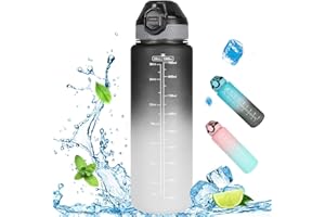 LKEVREG Trinkflasche 1L, Wasserflasche mit Strohhalm BPA-Frei Auslaufsicher Sportflasche mit Zeitmarkierung Sport Trinkflasche Kohlensäure Geeignet Für Sport, Fahrrad, Outdoor, Gym(Schwarz Grau)