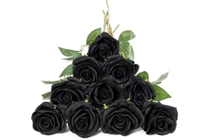 DuHouse 10 Rosas Artificiales de Seda, Flores de Rosas de imitación de Tallos Largos para arreglo, Centro de Mesa de Boda, Fiesta, decoración del hogar y Cocina (Negro)
