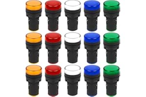 Iyowei 15 PCS Indicator Light, LED Flush Panel Mount LED Pilot Signal Light Panel Indicator Bulbs Signal Lamp, 22 mm, 220-230 V, Red/Green/Blue/Orange/White