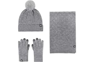 WingFly Hiver Chaud Bonnet Pompon pour Femmes - Écharpe Gants Tactiles Ensemble Tricot avec Doublure Polaire Thermique Cadeaux Femme Homme
