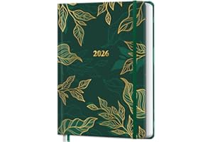 LONELY OAK Agenda 2026 Journalier et Semainier, Carnet de Plan Relié avec Couverture Rigide Format A5 Sur 12 Mois (Janvier 2026 - Décembre 2026), Avec Ruban Signet et Lacet Élastique - Feuille Verte