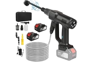 PUROVA Hidrolimpiadora de Batería 21V Máx 200 Bar, Hidrolimpiadora de Alta Presion con de 3,0Ah Bateria, Press & Clean Pistola Lavado con Pantalla LCD de Potencia y de 3 Velocidades (Negro con 2 Batería)