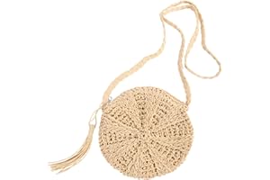 BOMICLSS Straw Shoulder Bag for Women Beach Crossbody Tote with Zipper Handmade Round Woven Handle Bohemian Purse Summer Tassel Outdoor Travel Straw Handbag