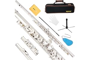 BQKOZFIN C Flutes Closed Hole 16 Keys Flute for Beginners Student Flute Instrument with Cleaning Kit, Stand, Carrying Case, Gloves, Tuning Rod, Nickel