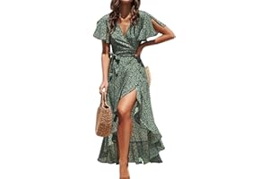 CUPSHE Damska letnia sukienka maksi, kopertowa , casualowa, rozkloszowany rękaw dekolt w serek Ditsy sukienka wiązana talia falbanka sukienka plażowa