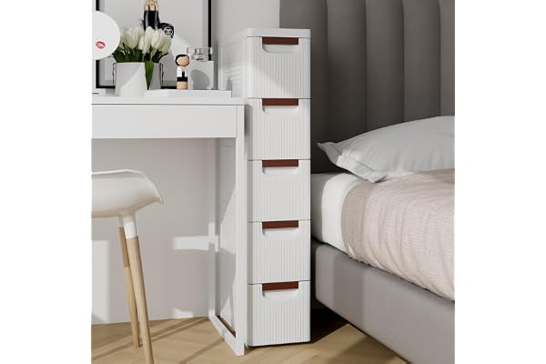 GIANTEX Smalt skåp med hjul, vagn och organisatör, smalt med 3/4/5/6 lådor för små utrymmen, plastbyrå för vardagsrum, badrum, kök, vit (42 x 19 x 91 cm)