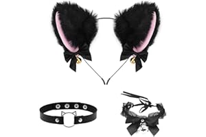 DEREINE Oreilles de Chat Serre Tete, Bandeau Oreilles de Chat, Set Bandeau Oreille Chat, Collier Avec Clochette pour Costumes de Cosplay, Fêtes D'Halloween Et de Carnaval