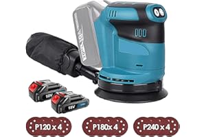 SQUAELTIRS Brushless Orbital Sander for Sanding Polishing Wood, with 12 x 125mm Sanding Pad, 2 x 3000mAH Battery, 6 Variable Speeds Rotating Sander,7500-15000 RPM