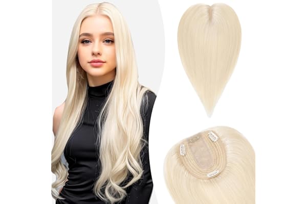 15 cm (27 g) Extensiones de Clip de Pelo Natural Prótesis Capilar Mujer Encaje 10cm*12cm 100% Remy Cabello Humano Flequillo Postizo Hair Topper #60 Rubio Platino