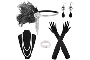 PLULON 8 Pezzi Flapper Anni '20 Grande Gatsby Set di Accessori Moda Roaring Anni '20 Set a Tema con Fascia Copricapo Guanti Neri Lunghi Collana Orecchini per Le Donne