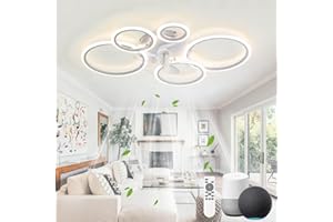 KeLuKes Lustre Ventilateur Compatible avec Alexa et Google Assistant, 100cm Lampe Ventilateur Plafond Silencieux Salon, Minuterie Réversible Dimmable Anneau Plafonnier Ventilateur, Blanc