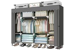HESMENO Portable Wardrobe, Clothes Closet Storage Organizer with Hanging Rail & Shelves, Foldable Closet with Cloth Cover Quick and Easy to Assemble, Strong and Durable 200x43x168CM, Grey