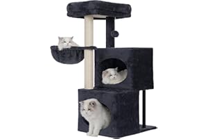 Heybly Árbol Rascador para Gatos, 92 cm con Diseño Escalonado, Plataforma Grande, 2 Cuevas, Postes de Rascar con Cobertura Total de Sisal, Juguete de Peluche con Campana, Gris Humo HCT201SG