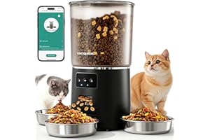 VACQUEEN Automatic Cat Feeder for 3 Cats, 6L/25 Cups Smart WiFi Pet Feeder, Strong Anti-Jam System, Dual-Effect Desiccant Cat Food Dispenser, with 10S Voice Recorder for Cats and Small Dog(Black)
