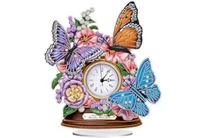 ENCOMAG DIY 5D Diamond Painting Clock Desktop Ornament Kits for Adults Silent Non Ticking Clock Diamond Art Wall Clock Rhinestone Painting Mosaic Art Crafts Home Wall Office School Decor (Flower Butterfly)