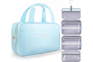 Chakipee Neceser de Viaje Colgante para Mujer – Necessaire Impermeable con Ventana Transparente, Desplegable Compartimentos Bolsa de Aseo Ligera para Makeup, Champú y Artículos Azul, Mediano